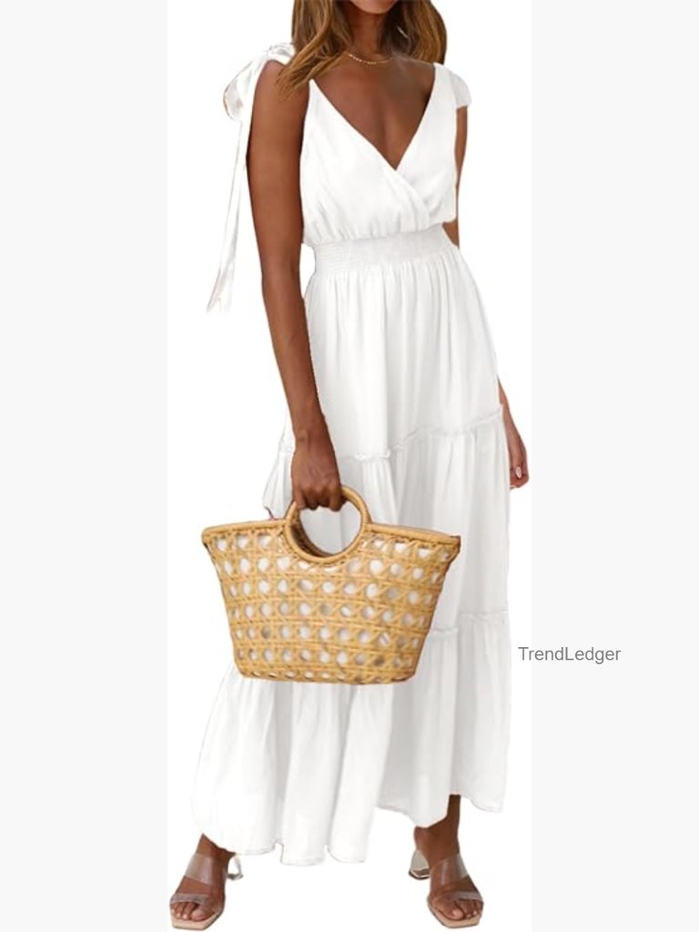 Tie Strap Smocked Tiered Maxi Dress Sleeveless Bohemian Beach Sundress